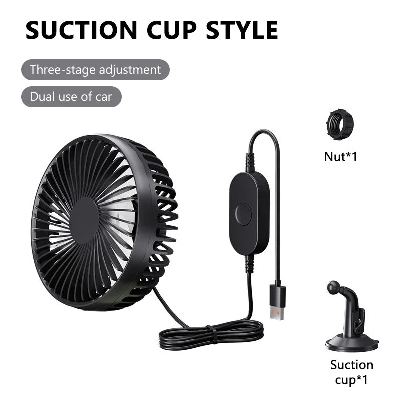 BLALION Car Fan 12V-24V Large Wind Three Speed Control Low Noise Portable Suction Cup Single Head Auto Cooling Fan USB Powered
