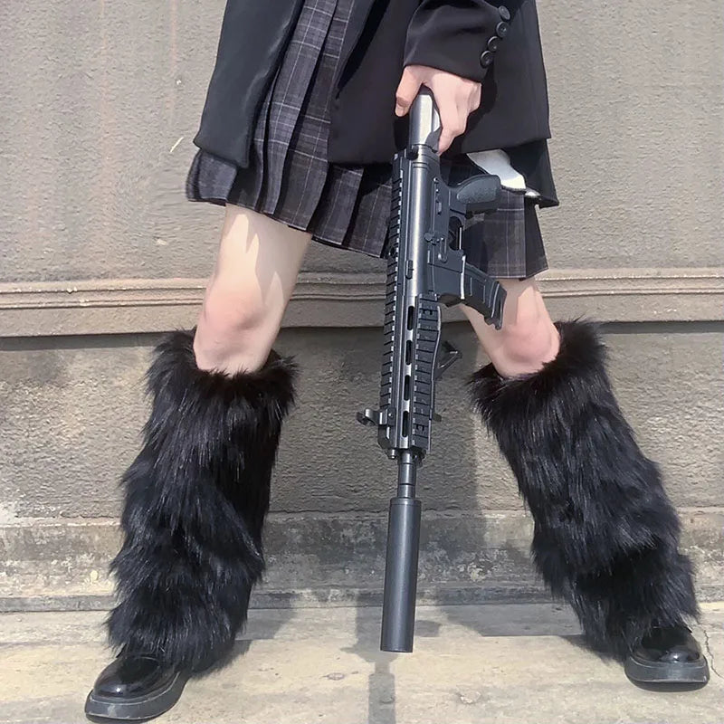 Women's Artificial Fur Leg Warmers Japanese Lolita Autumn And Winter Black And White Knitted Socks Leg Warmers For Women