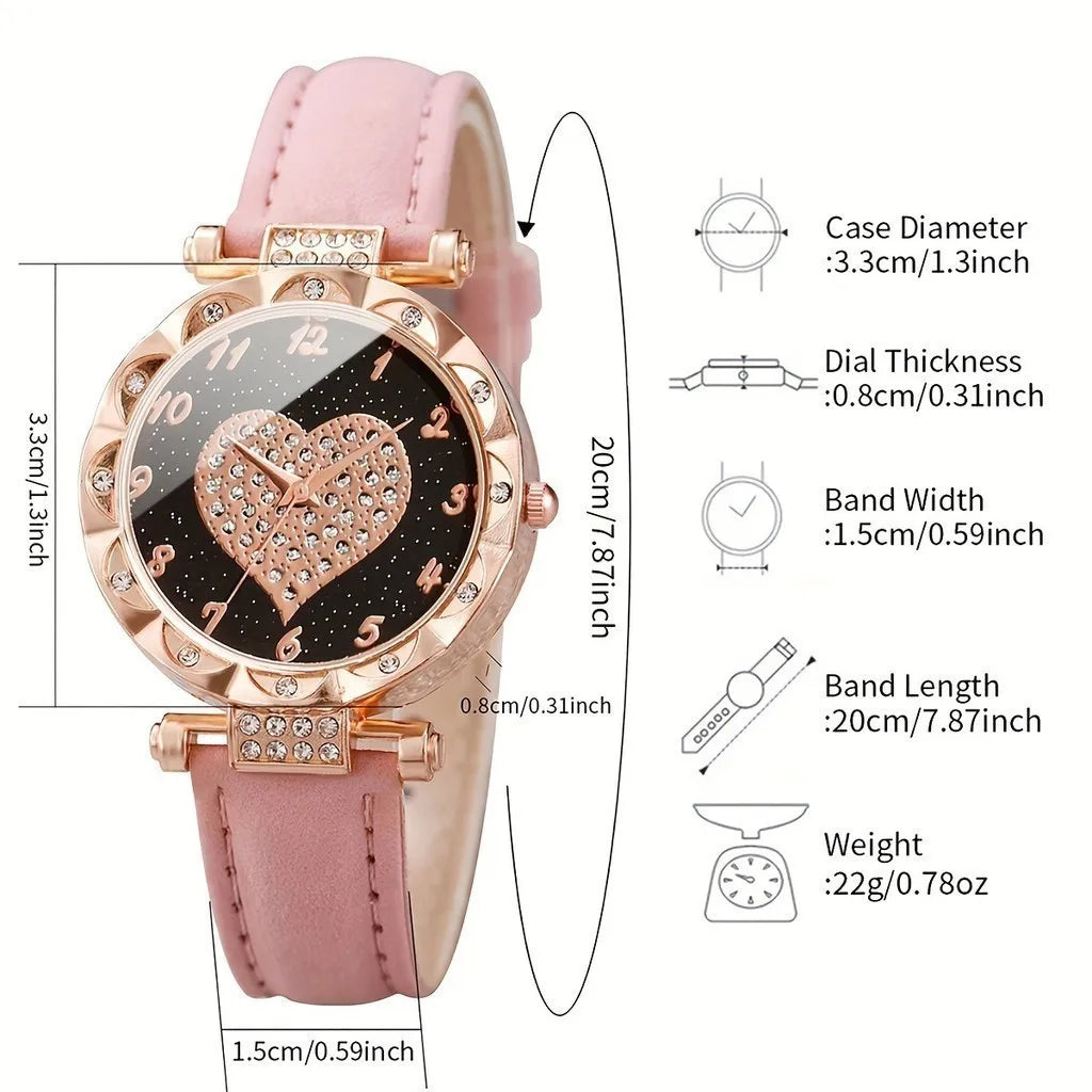 Kegllect 5PCS Women Quartz Watch Set for Gift Heart Shaped Rhinestone Accessories Mother Her