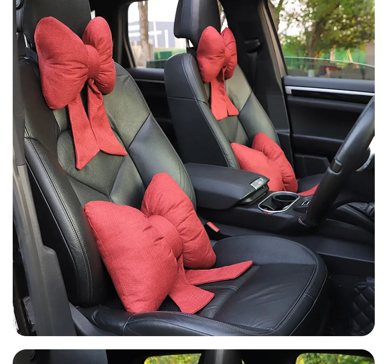 Fashion car headrest with bows cotton and linen pillow suitable for plaid's road trips and cute interior decorations