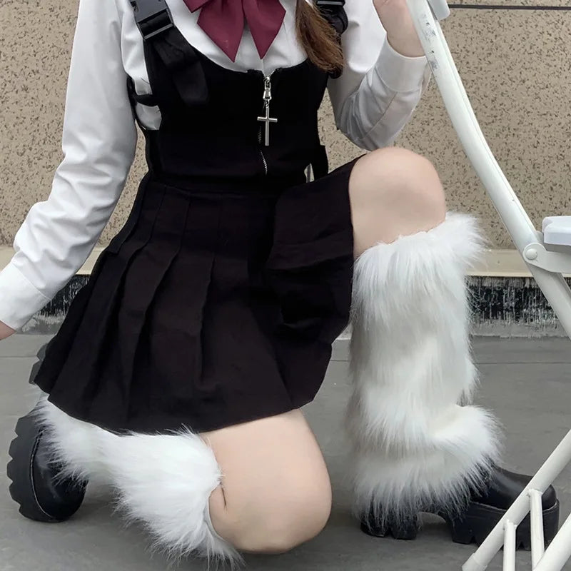 Women's Artificial Fur Leg Warmers Japanese Lolita Autumn And Winter Black And White Knitted Socks Leg Warmers For Women