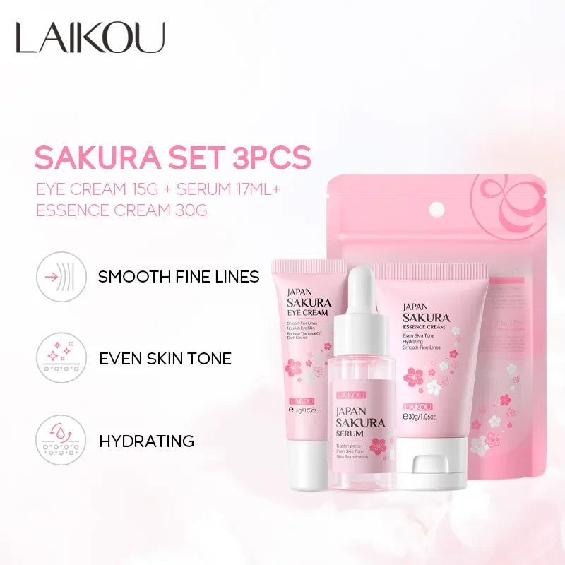 LAIKOU Cherry Blossom Skin Care Set 3-piece Essence Eye Cream Face Cream Skin Care Product Facial Products Kit Skincare Sets