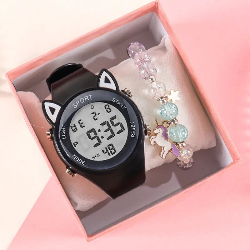 【Watch + Bracelet】Cat Ear Children's Silicone Multi Functional Sports Electronic Unicorn Bracelet Set