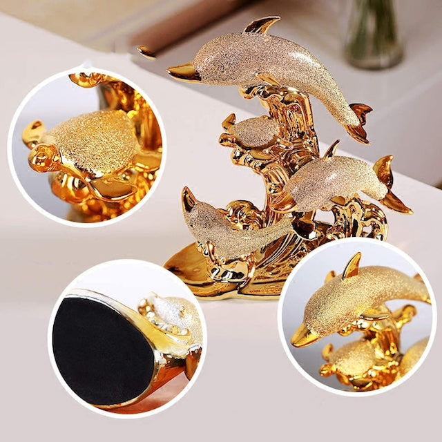 Gold Dolphine Decor, Gold-Plated Dolphin Bay Sculpture Crafts, Luxury Realistic Dolphin Decoration, Living Room Decor