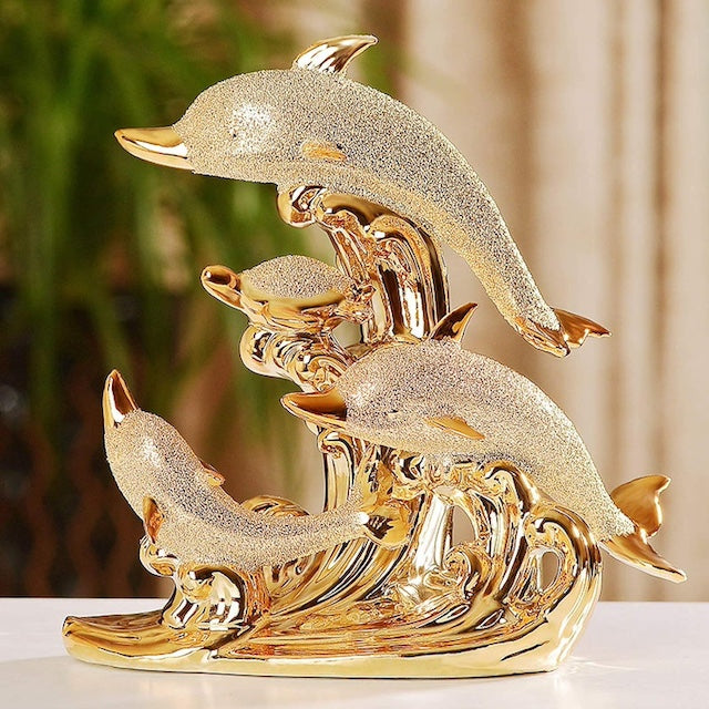 Gold Dolphine Decor, Gold-Plated Dolphin Bay Sculpture Crafts, Luxury Realistic Dolphin Decoration, Living Room Decor