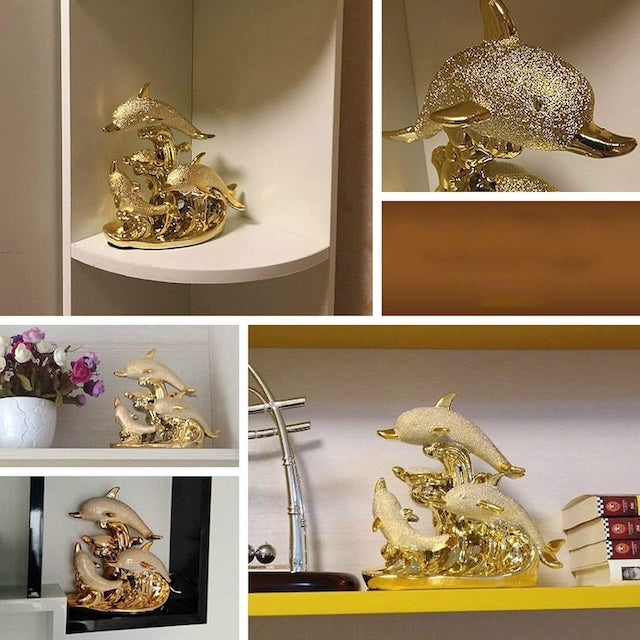 Gold Dolphine Decor, Gold-Plated Dolphin Bay Sculpture Crafts, Luxury Realistic Dolphin Decoration, Living Room Decor