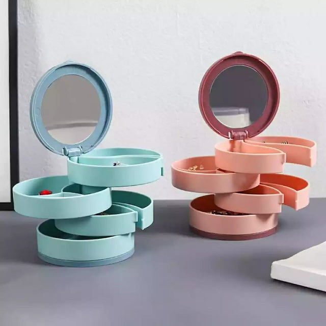 Four Layered Rotating Accessories Storage Box, 360 Degree Rotating Earring Storage with Mirror, Travel Jewellery Box