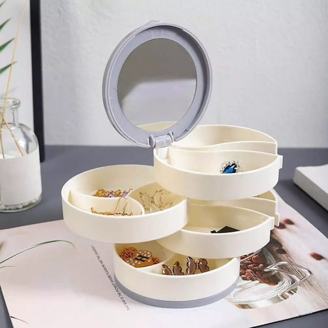 Four Layered Rotating Accessories Storage Box, 360 Degree Rotating Earring Storage with Mirror, Travel Jewellery Box