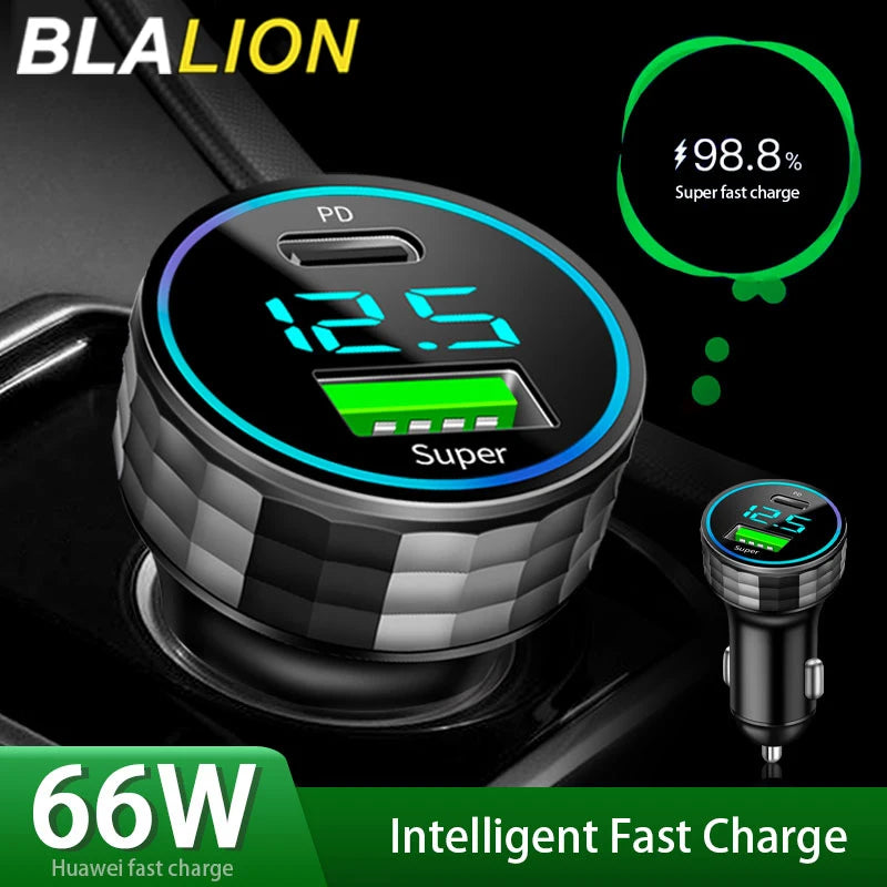 BLALION 66W 2 Port Super Fast USB Car Charger PD20W QC 3.0 Quick Charging Adapter with Digital Display For IPhone Samsung Xiaomi