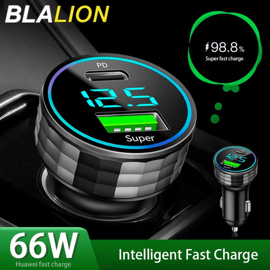 BLALION 66W 2 Port Super Fast USB Car Charger PD20W QC 3.0 Quick Charging Adapter with Digital Display For IPhone Samsung Xiaomi
