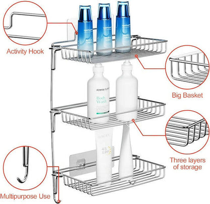 Metallic Hanging Bathroom Organizer, No Drilling, Shower Shelf for Hanging, Stainless Steel Shower Basket, Shower Rail with 3-Tier Basket, Foldable and Removable