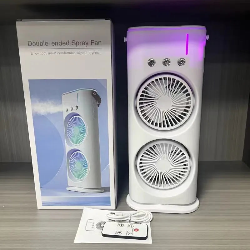 Dual Head Spray Tower Fan with Control Mis Humidifier Rechargeable Desk Fan with 3 Wind Speed For Home Office Travel Camping