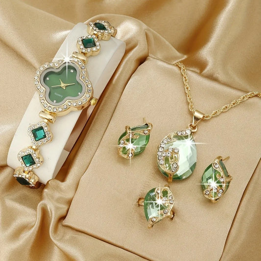 Kegllect Women's Watch Clover Pointer Quartz  Baroque Rhinestone Analog Wrist  & 4pcs Jewelry Set Gift for Mom Her