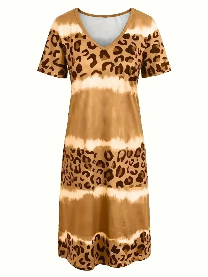 Women's Plus Size 1XL-8XL Fashion Casual Dress Short Sleeve Dress Tie Dye Leopard Short Sleeve V Neck Slight Stretch Dress