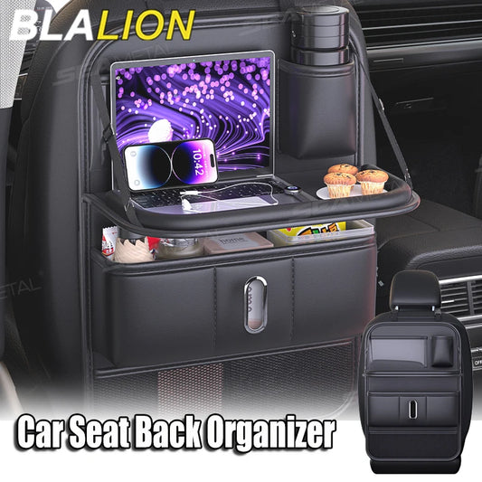 BLALION Car Seat Back Organizer with Foldable Table Tray Cup/Tissue Holder Storage Pocket Anti-Kick Pad Interior Accessories