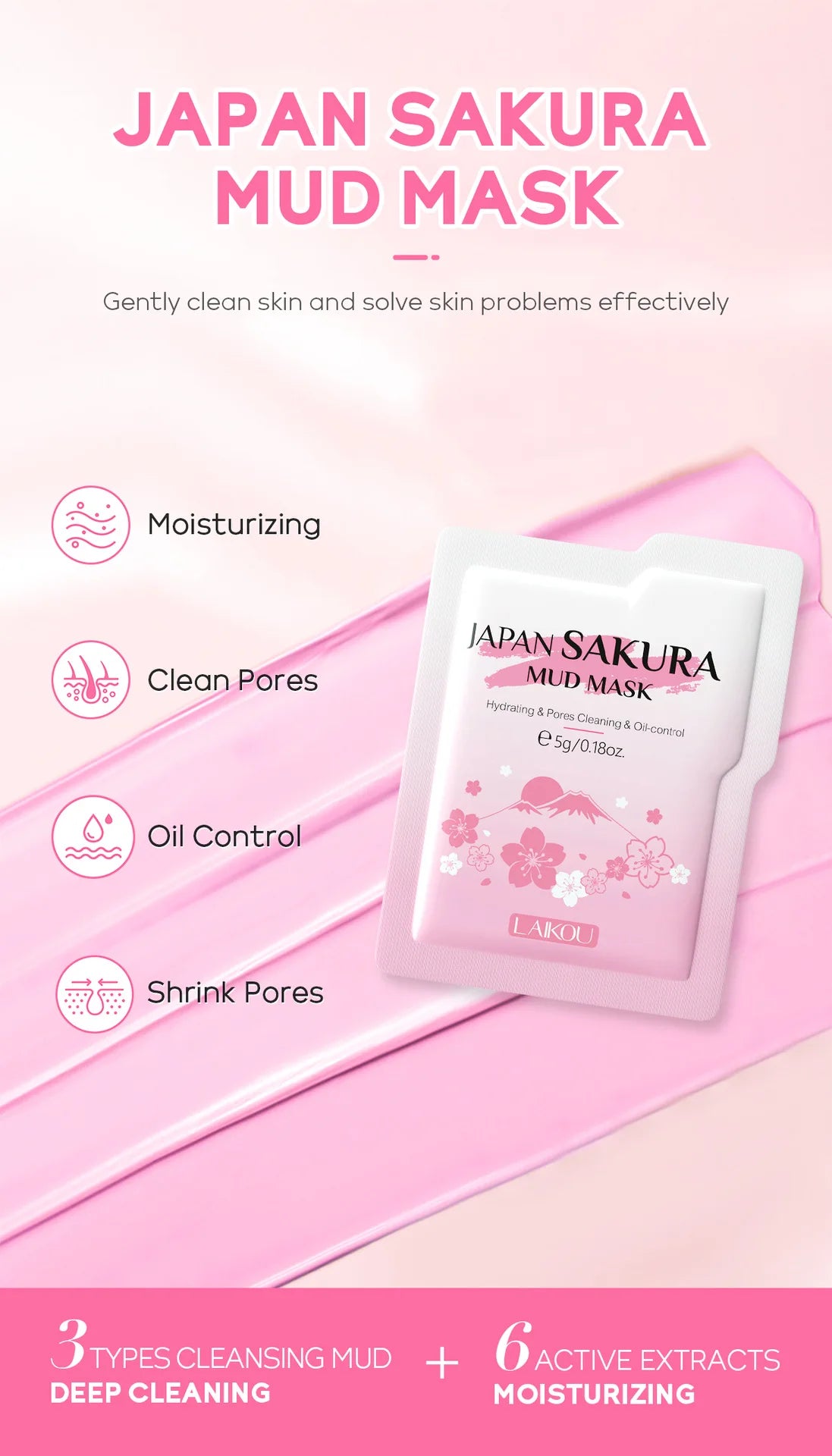LAIKOU Japan Sakura  Solid Mask Deep Cleansing Oil Control Balance Antioxidan Shrink Pores Remove Blackheads  Mud Mask 5g