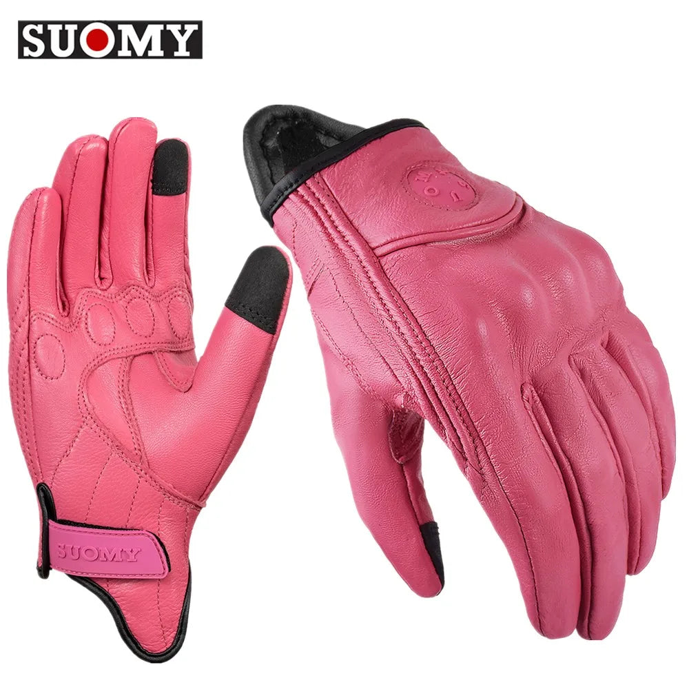 SUOMY Lady Pink Leather Motorcycle Gloves Genuine Leather Perforated Women Motorbike Riding Gloves Touch Screen Moto Guantes