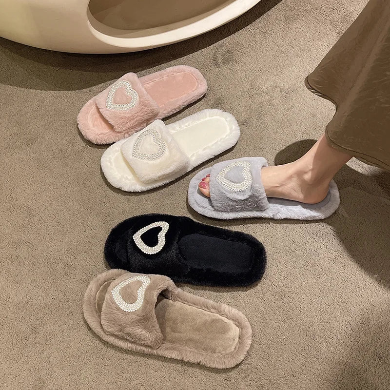 New Fashionable Hot Diamond Pearl Love Hair Cotton Slippers for Autumn and Winter Home slipper