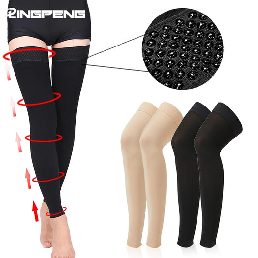 Thigh High Compression Stockings for Women Men, 23-32mmHg Footless Graduated Compression Socks with Silicone Band, Support Sock