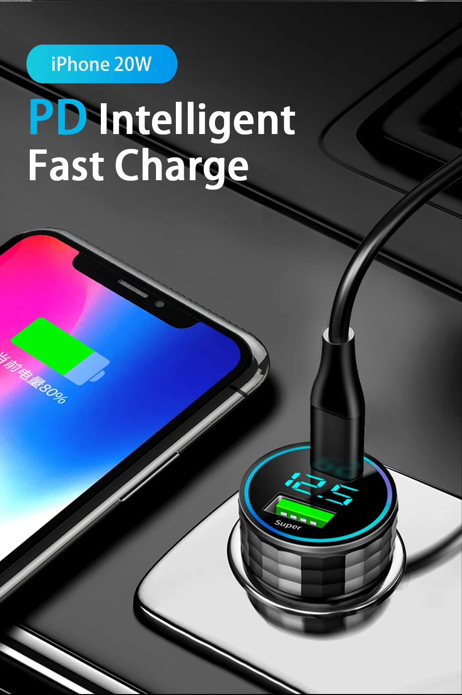 BLALION 66W 2 Port Super Fast USB Car Charger PD20W QC 3.0 Quick Charging Adapter with Digital Display For IPhone Samsung Xiaomi