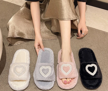 New Fashionable Hot Diamond Pearl Love Hair Cotton Slippers for Autumn and Winter Home slipper