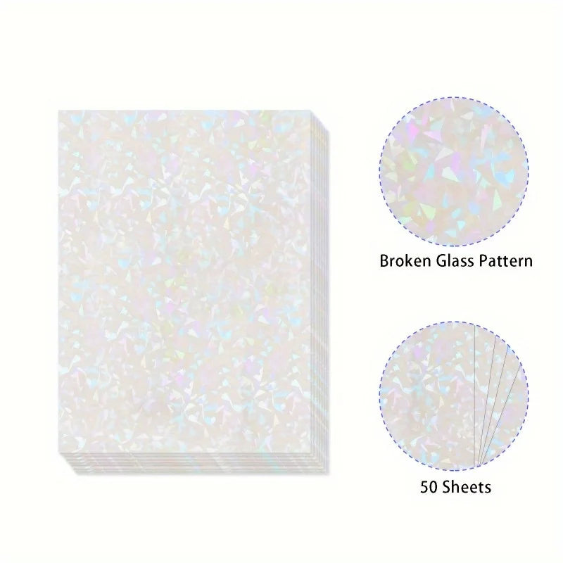 50/100 Sheets Holographic Broken Glass Cold Lamination Film Self-Adhesive Holographic Vinyl Sticker Waterproof Clear