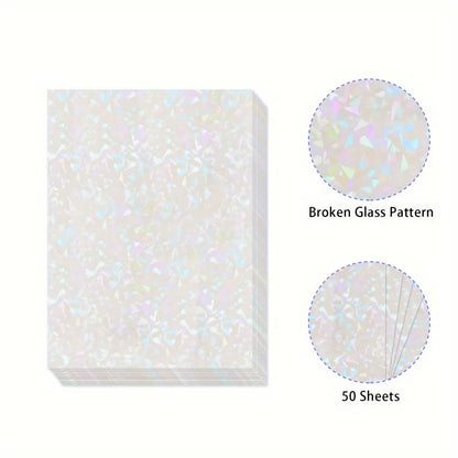 50/100 Sheets Holographic Broken Glass Cold Lamination Film Self-Adhesive Holographic Vinyl Sticker Waterproof Clear