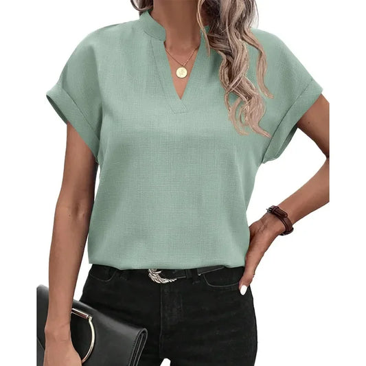 Women's Summer Commuting Short Sleeved T-shirt Simple Solid Color Fashionable V-neck T-shirt Casual Holiday Women's T-shirt