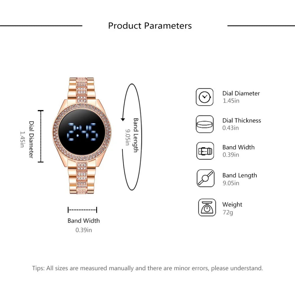Kegllect LED Large Screen Diamond Inlaid Women's Watch Round Steel Band Electronic Watches