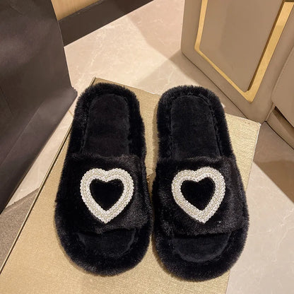 New Fashionable Hot Diamond Pearl Love Hair Cotton Slippers for Autumn and Winter Home slipper