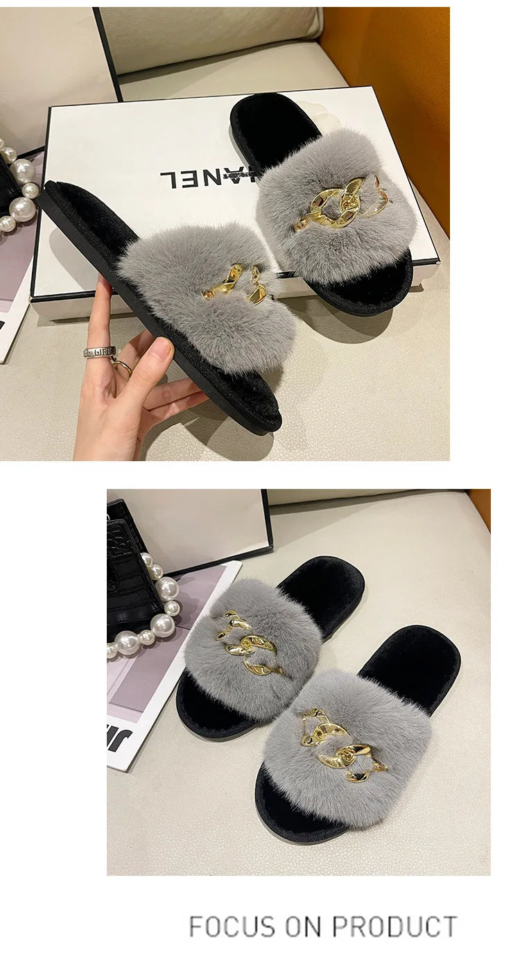 Autumn /winter Metal Chain Woolen Cotton Slippers Fashion Warm Women's Large Fur Flat Heel Straight Slippers Home Cotton Slipper