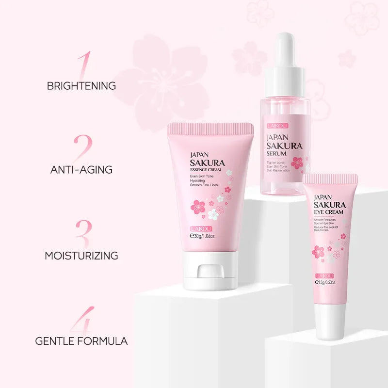 LAIKOU Cherry Blossom Skin Care Set 3-piece Essence Eye Cream Face Cream Skin Care Product Facial Products Kit  Skincare Sets