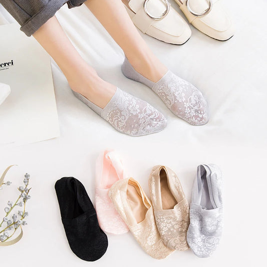 5 Pairs/Lot Socks Women's  Fashion Lace Flower Summer Invisible Short No-Show Foot Ankle Set Antiskid White Boat Sock