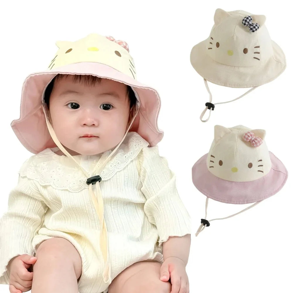 Panama Summer Cute Cat Bowknot Baby Bucket Hat for Girls Cotton Toddler Sun Cap Children Beach Sun Hat Kids UV Protection Cap