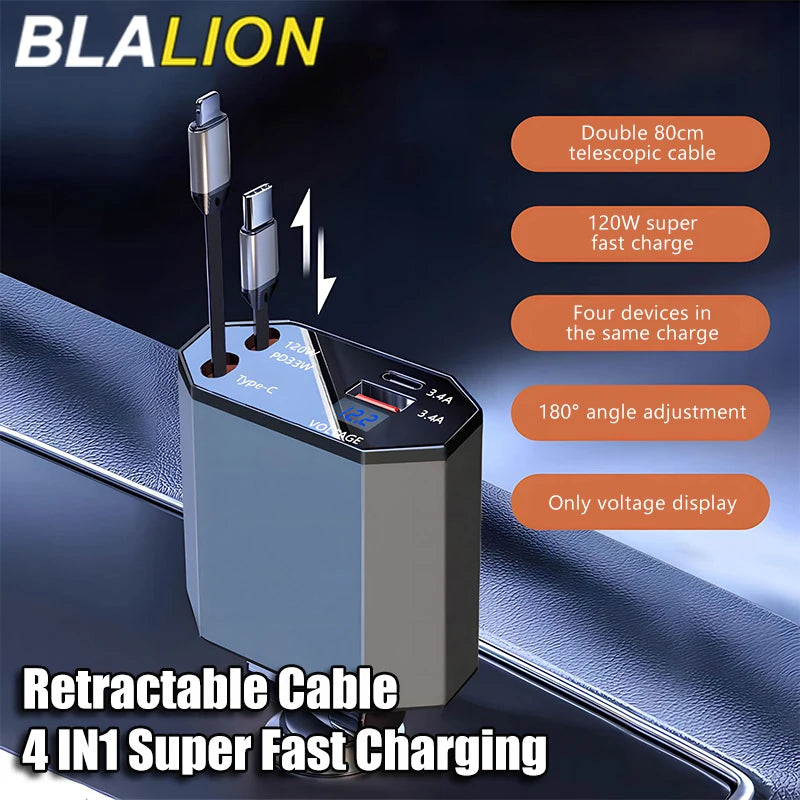 BLALION 4in1 120W Car Fast Charger Retractable USB Type C Cable For IPhone Xiaomi Huawei Samsung Car Cigarette Lighter Adapter