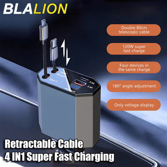 BLALION 4in1 120W Car Fast Charger Retractable USB Type C Cable For IPhone Xiaomi Huawei Samsung Car Cigarette Lighter Adapter