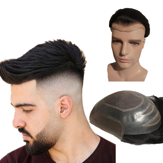 NLW Toupee for Men 100% Human Hair Pieces Hair prosthesis  Mens Swiss Lace Front with PU Around Hair Replacement System