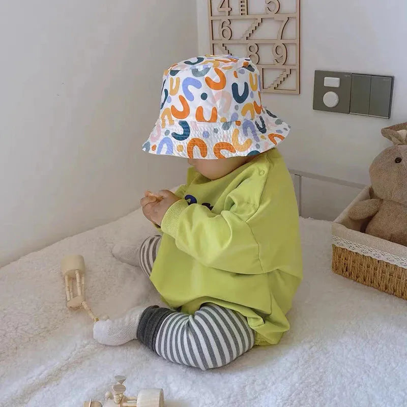 Double Sided Baby Bucket Hat with String Letter Embroidered Boys Girls Fisherman Cap Spring Summer Outdoor Kids Sun Hat