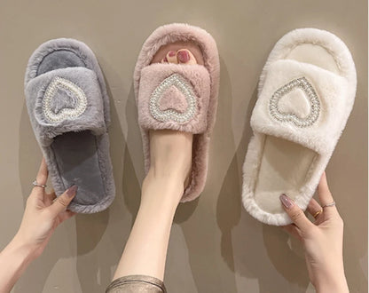 New Fashionable Hot Diamond Pearl Love Hair Cotton Slippers for Autumn and Winter Home slipper