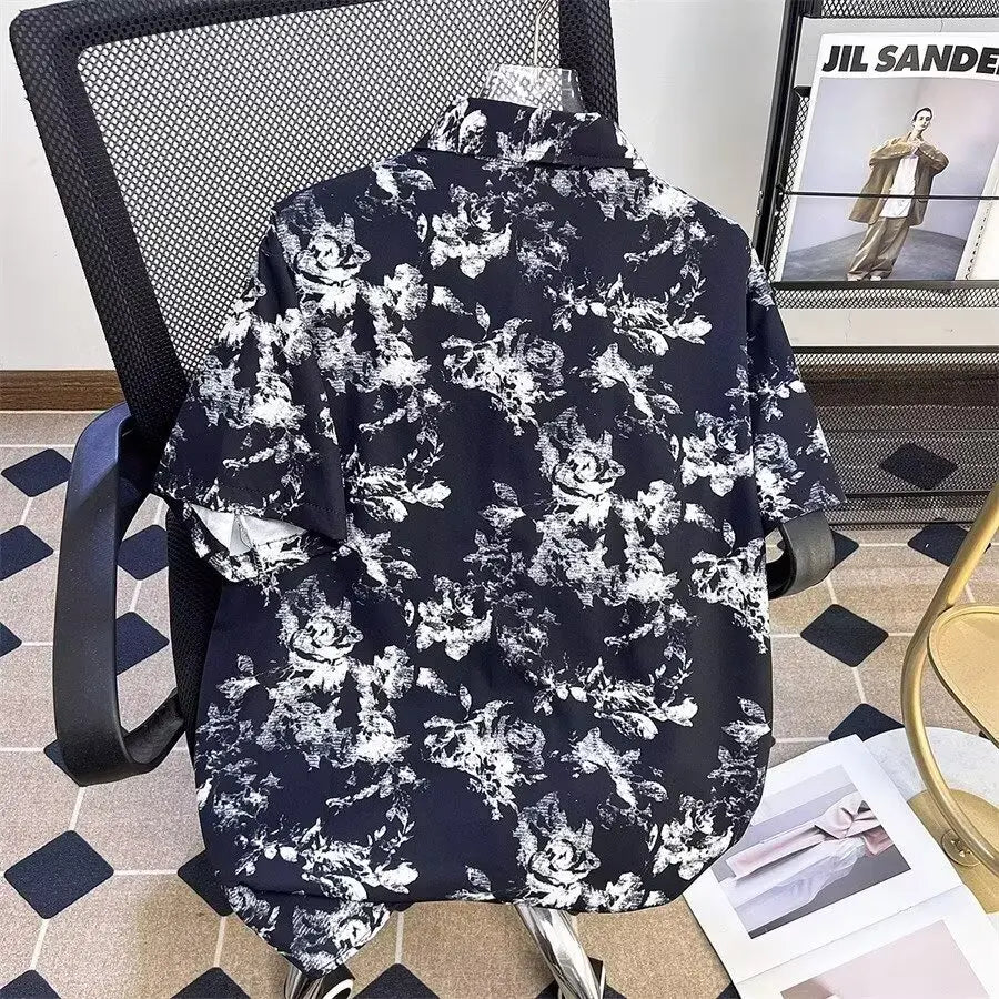 New Chinese ink painting full printed short sleeved shirt for men's summer casual wear with a sense of luxury, retro five quarte