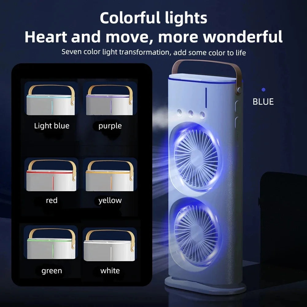 Dual Head Spray Tower Fan with Control Mis Humidifier Rechargeable Desk Fan with 3 Wind Speed For Home Office Travel Camping