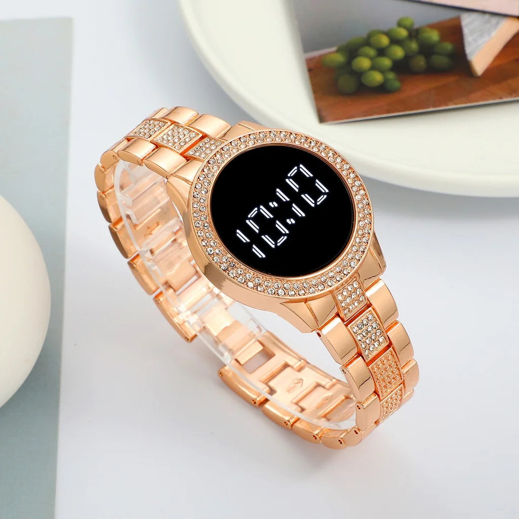 Kegllect LED Large Screen Diamond Inlaid Women's Watch Round Steel Band Electronic Watches