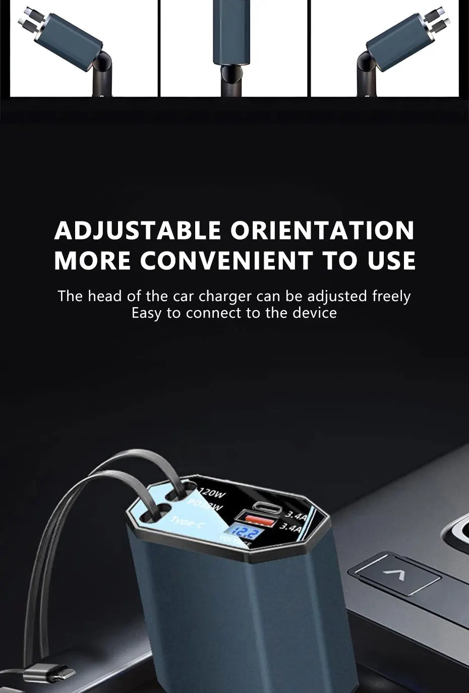 BLALION 4in1 120W Car Fast Charger Retractable USB Type C Cable For IPhone Xiaomi Huawei Samsung Car Cigarette Lighter Adapter