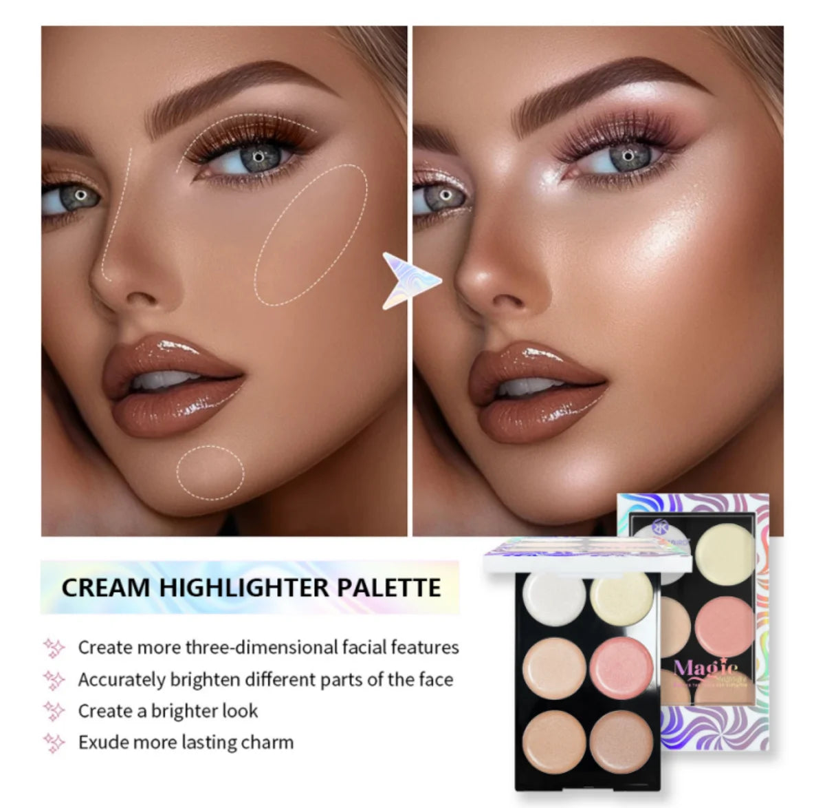 Six color face phosphor palette highlight cream concealer, natural glow, waterproof, shiny, eye shadow, phosphor makeup