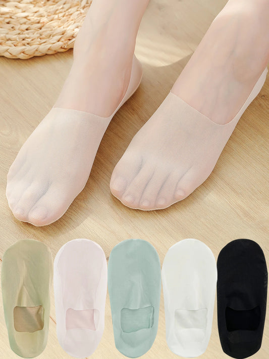 5 Pairs Women's Boat Socks Deodorant Sweat Absorption Summer Sock Thin  Ice Silk Breathable Silicone Non-slip Silk Low Cut Socks