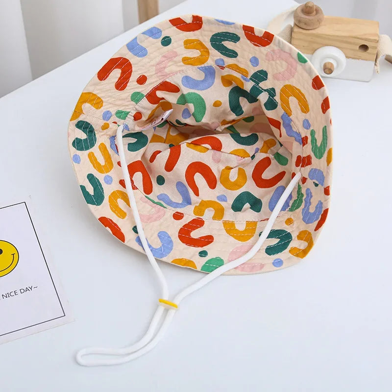 Double Sided Baby Bucket Hat with String Letter Embroidered Boys Girls Fisherman Cap Spring Summer Outdoor Kids Sun Hat