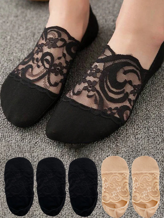 5 Pairs Fashion Women Socks Spring Summer Socks Style Lace Flower Casual Short Socks Thin  Breathable Invisible Boat Socks