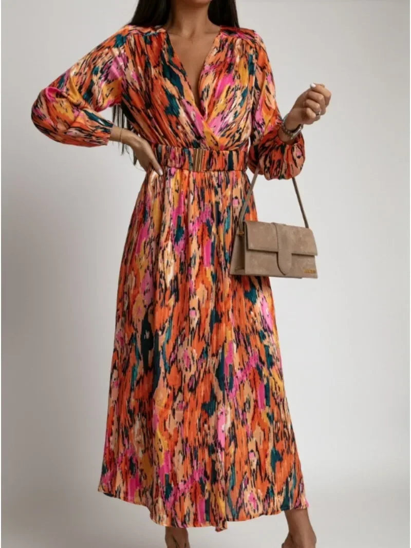 Women's Spring/Summer Dress Fashionable Colorful Printed V-neck Long Sleeved Elegant Dress Casual Belt Holiday Dress