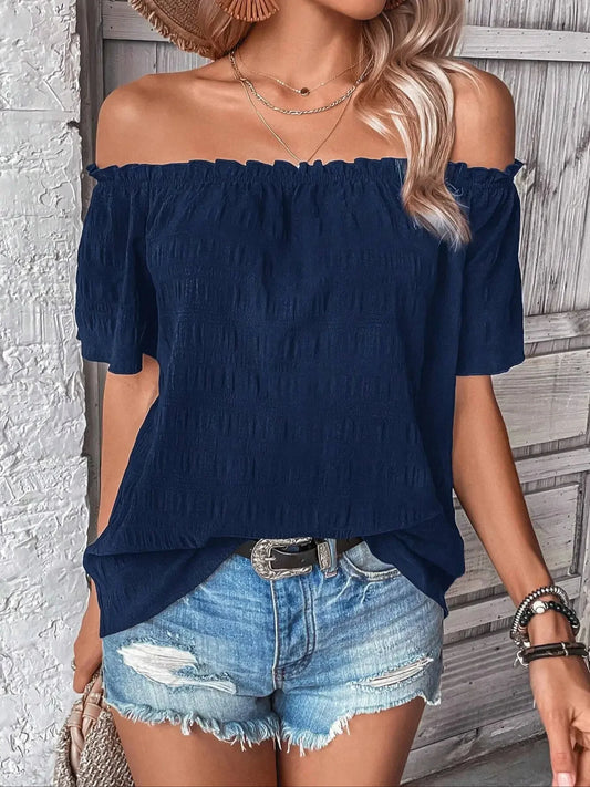 Women's Fashion Off The Shoulder Shirt Casual Pleated One Shoulder Short Sleeve Shirt Versatile Solid Color Shirt