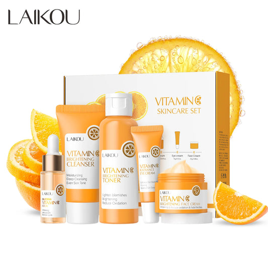 LAIKOU 5pcs Vitamin C Skin Care Set Deep Cleansing Facial Cleanser Face Cream Moisturizer Toner Eye Serum Gift Box Skin Care